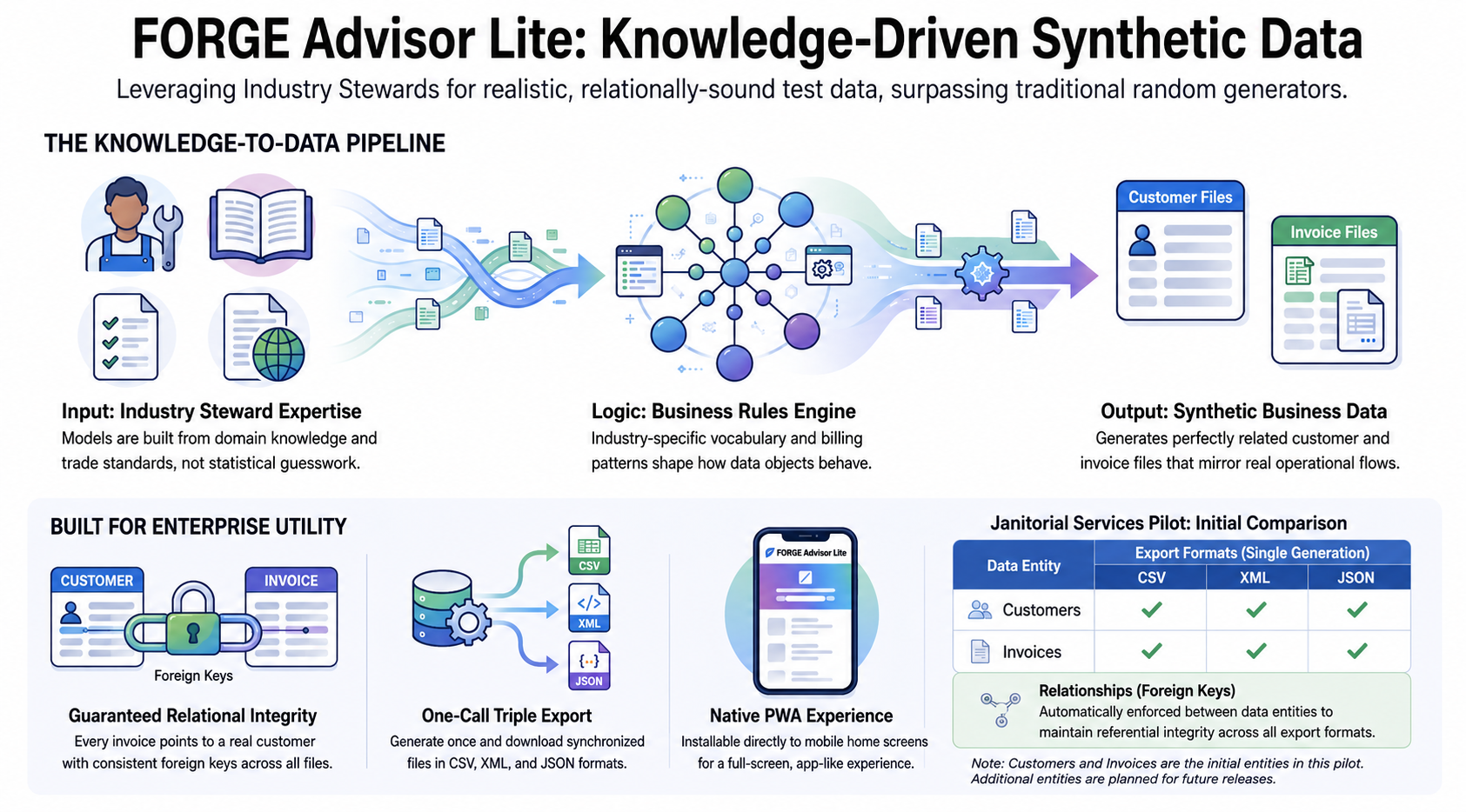FORGE Advisor Lite: Knowledge-Driven Synthetic Data — pipeline diagram showing Industry Steward Expertise feeding a Business Rules Engine to produce Synthetic Business Data, plus relational integrity, triple export, and native PWA callouts